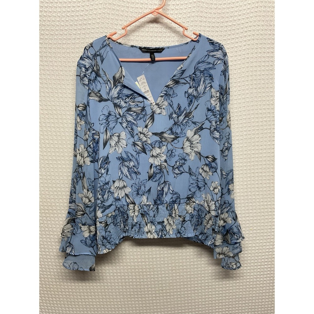 white house black market keyhole women's  smock top XL L toile floral blue chill